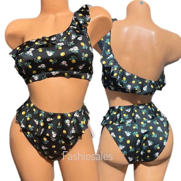 Victoria’s Secret Swim Ruffle One-Shoulder Bikini Top & bottom set Black Lemon - Picture 1 of 13